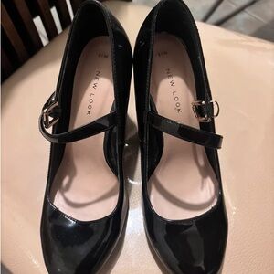 New Look Black Patent Mary Jane Heels with Gold Buckles